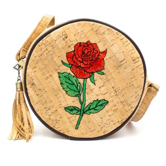 Natural Cork Rose Embroidered Round women Handbag Bag - Picture 1 of 3